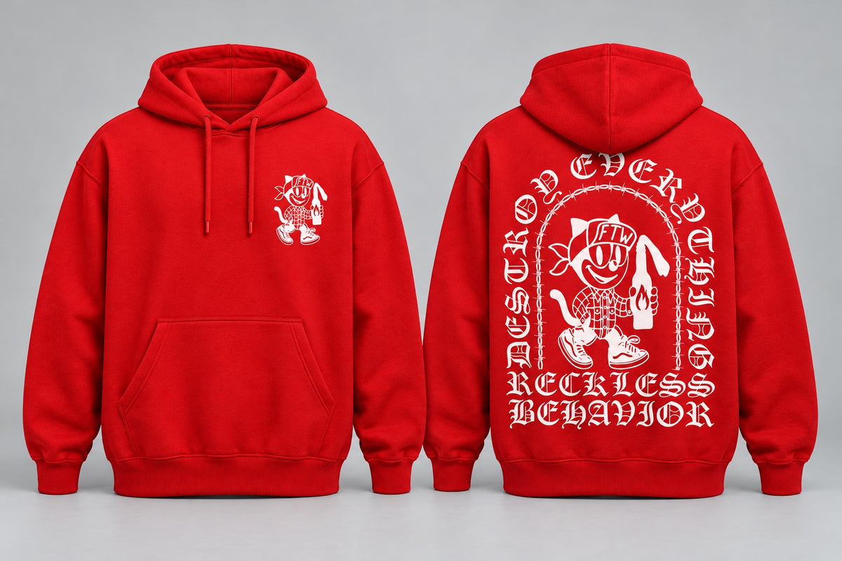 Destroy Everything red hoodie front and back mockup; finished hoodie supplied without drawstrings