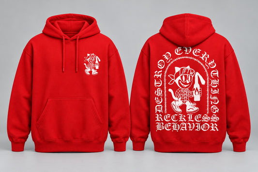 Destroy Everything red hoodie front and back mockup; finished hoodie supplied without drawstrings