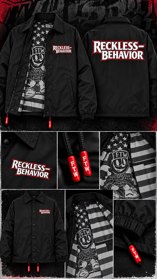 Factory black coaches jacket with Reckless Behavior prints, custom cat and US flag lining, and red FTW drawstring tabs