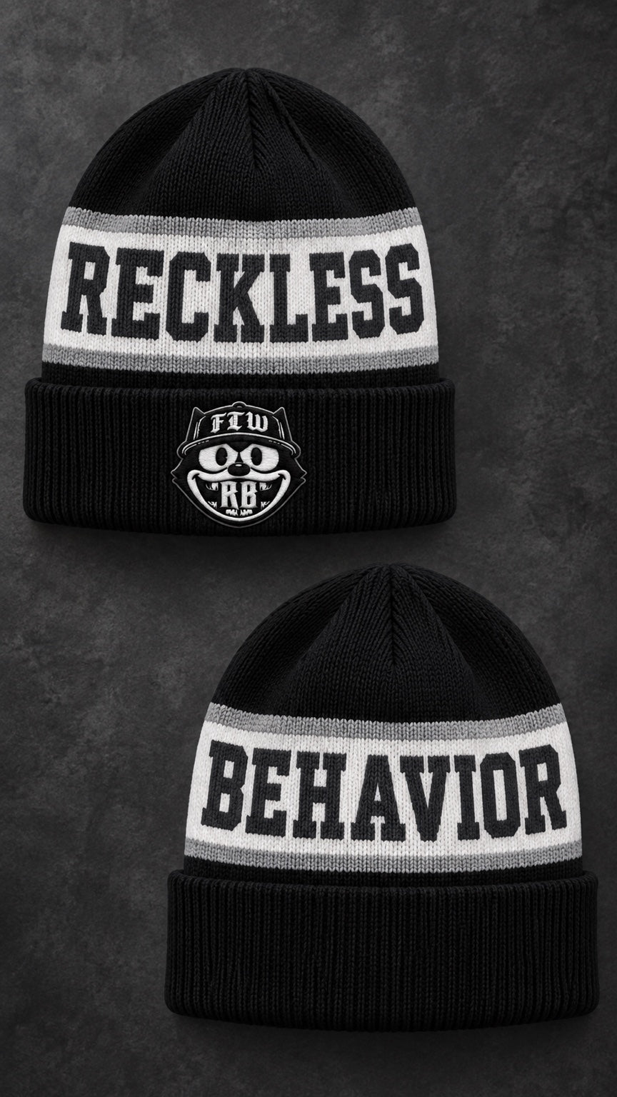 Reckless Behavior black and grey beanie front and back with stitched cat logo